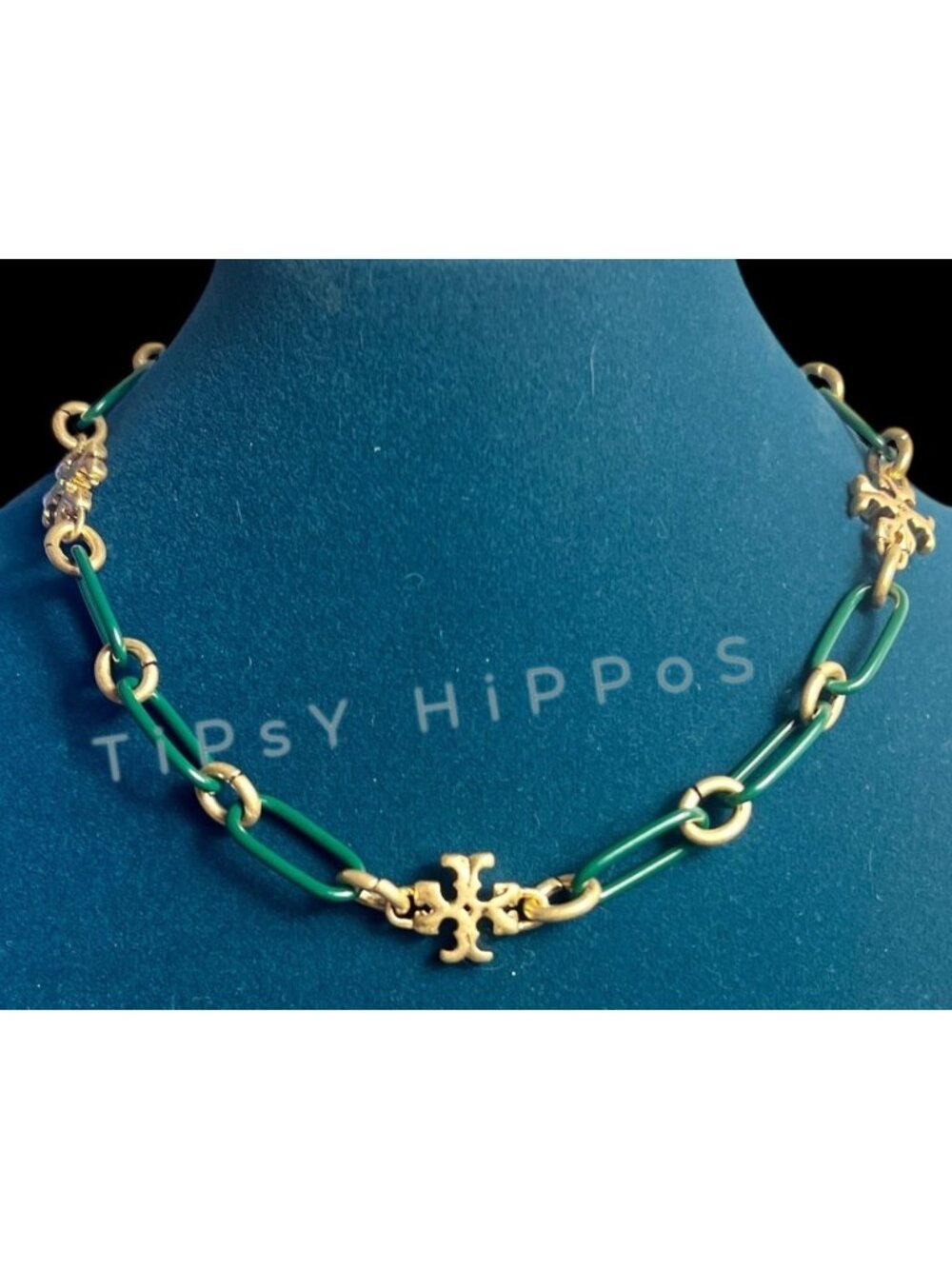New!  Tory Burch Green Enamel and Gold Roxanne Chainlink Choaker Necklace